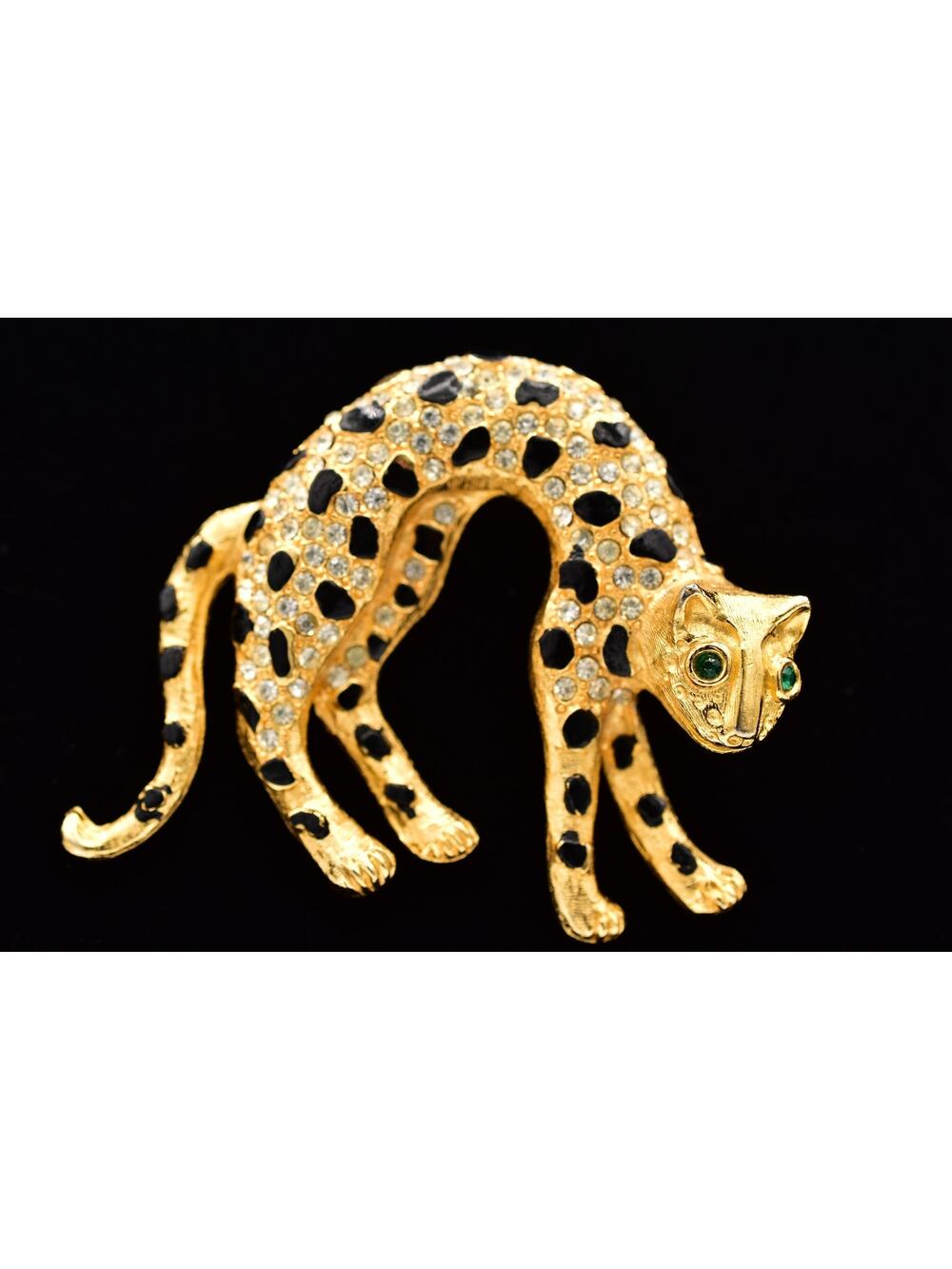 Vintage Leopard Rhinestone Crystal Brooch Gold Black Enamel Cat Pin 1980s BinBP